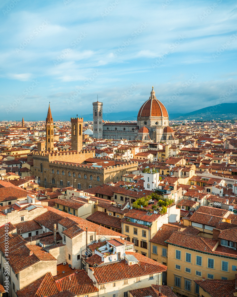 Fototapeta premium Aerial view of Florence city skyline showcasing the iconic Duomo Cathedral of Santa Maria del Fiore surrounded by the historic city center