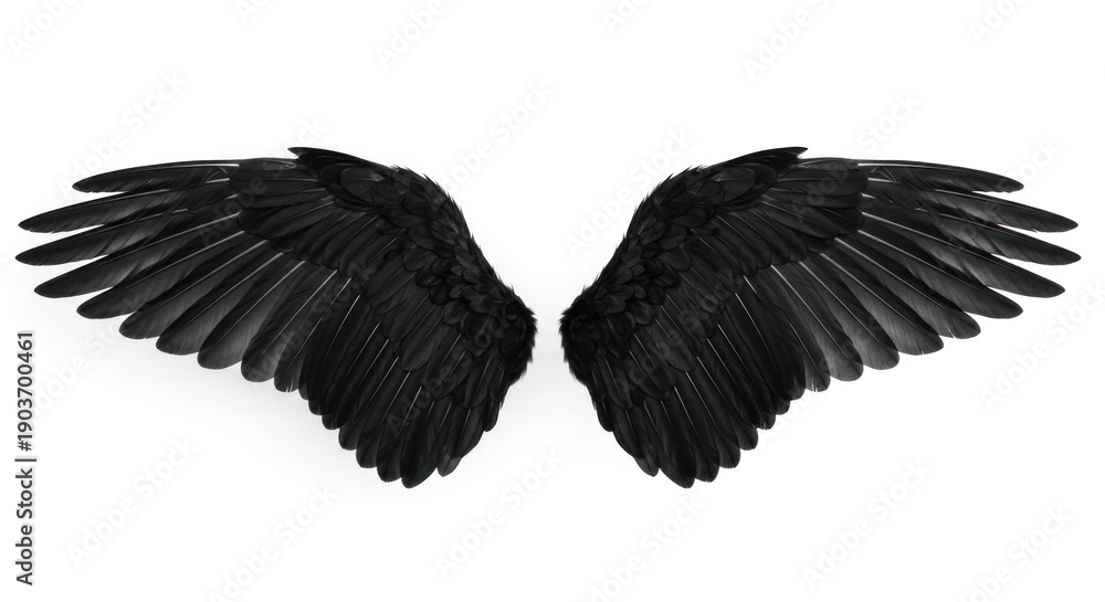 Obraz premium Pair of spread, black bird wings against a white background; detailed feather texture
