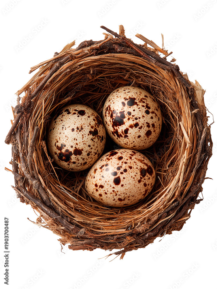 Obraz premium Small bird nest made of dry grass and twigs holds three speckled eggs during Easter season