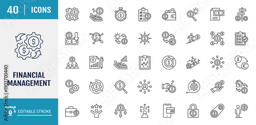 Financial management icon set. Outline Icon Set. Editable stroke with Vector illustration