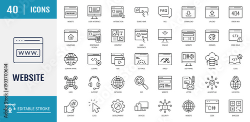 	
Website icon set. Inclides web design, internet, content, SEO, hosting, blog, homepage, e-commerce, and more. Outline Icon Set. Editable stroke with Vector illustration