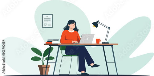Young woman working on laptop at desk with lamp and books in cozy home office environment for remote work education and freelance career