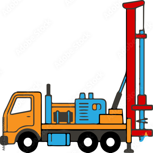 Illustration of a drilling rig mounted on a truck, designed for exploration and resource extraction