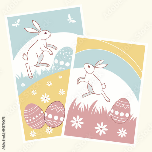 Easter Greeting Card Set with Cute Bunny and Eggs - Soft Pastel Illustrations for Traditional Spring Holiday Messages