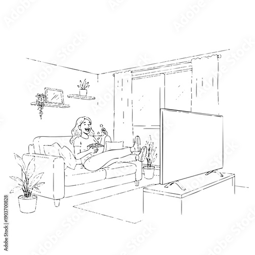 Happy woman relaxing on a couch, watching a big television and eating popcorn in a cozy living room with plants. Minimalist black and white vector illustration.