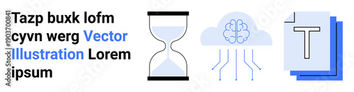 Time management, artificial intelligence, cloud computing, digital transformation, data storage, file processing. Hourglass, cloud with circuits and document icon. Time management and artificial