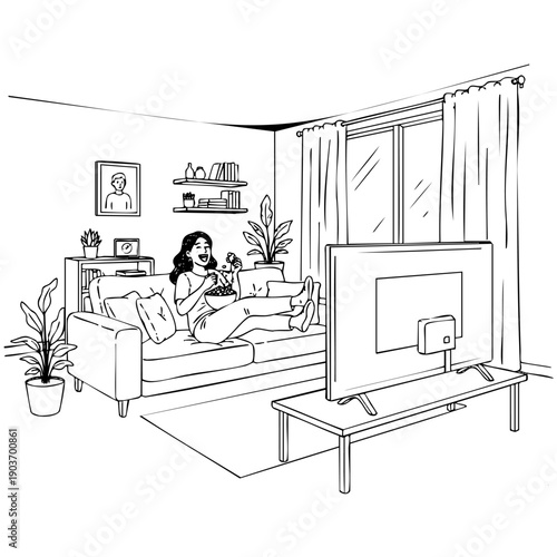 Detailed vector illustration of a happy woman relaxing on a couch, eating popcorn and watching television. Cozy home interior with window, curtains and plants.