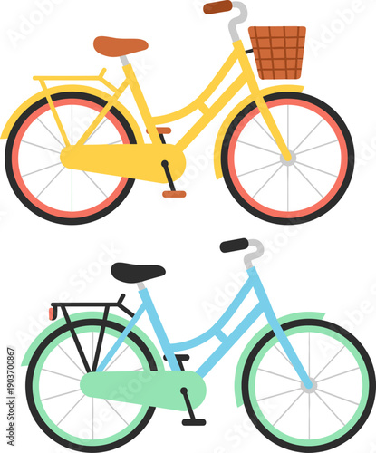 Vintage city bicycle collection featuring yellow cruiser with wicker basket and blue mint commuter bike