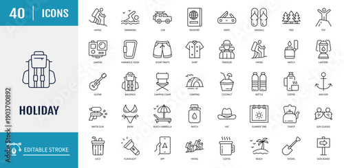 Holiday icon set. Icludes Holiday, vacation, travel, hotel, beach, sunset, island and more. Outline Icon Set. Editable stroke with Vector illustration