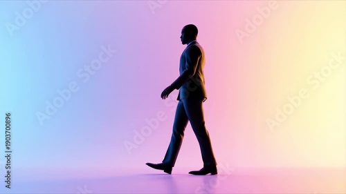Silhouette Strides: A solitary figure, a businessman strides confidently across a vibrant gradient background, embodying determination and purpose.