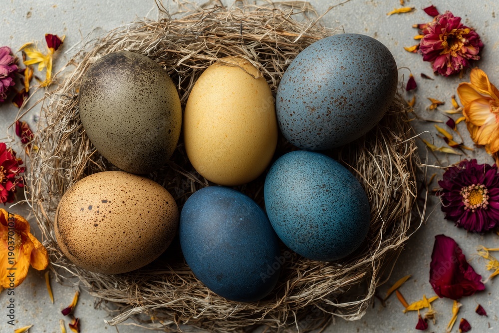 Obraz premium Easter eggs dyed with natural ingredients in earthy shades of brown, yellow, and blue on a nest of hay and dried grass