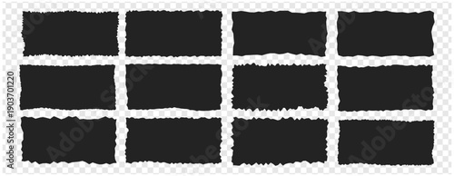 Set of twelve black torn paper rectangles with rough edges on transparent background, grunge design elements for collage or scrapbooking