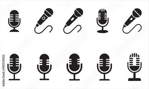 Microphone Icon Set Collection in Black Silhouette for Audio, vector illustration eps 10