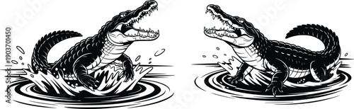 Aggressive crocodile and alligator vector set featuring fierce reptiles lunging from water ripples with open jaws for sport mascots, tattoos, and predator nature illustrations.