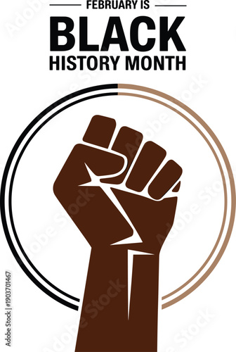 Black History Month vector illustration featuring a raised brown fist silhouette in a circle for February cultural celebration social justice and African American heritage.