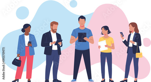 Diverse people using technology standing together with smartphones and tablets in hand for communication social media and digital connectivity flat vector illustration isolated