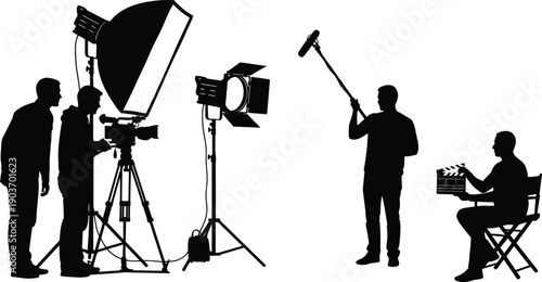 PrinBlack silhouette collection of professional film crew including camera operators, director with clapperboard, lighting equipment, and boom mic operator on movie set production backgroundt