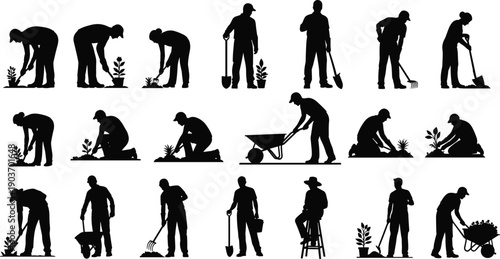 PriBlack silhouette collection of professional gardeners and farmers planting flowers, using shovels, pushing wheelbarrows, and gardening tools isolated on white background for landscaping designnt