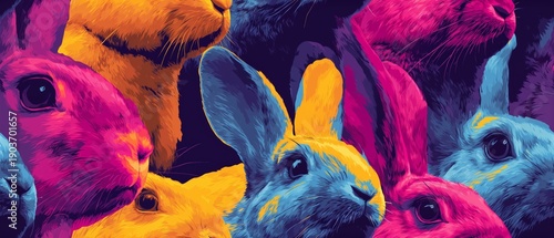 Vibrant maximalist seamless pattern for Easter with bold bunny heads in bright colors on dark purple background