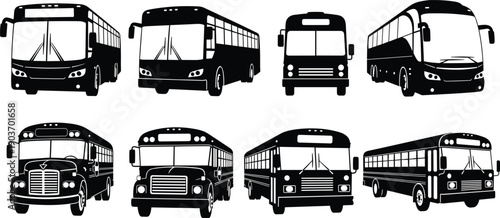 PrintBlack silhouette collection of public transportation buses and classic school buses from various angles isolated on white background for travel and educational transit design.