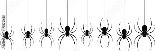 Black spider silhouette icons hanging from thin web threads set for Halloween decorations spooky arachnid vector illustrations for creepy graphic design projects and posters.