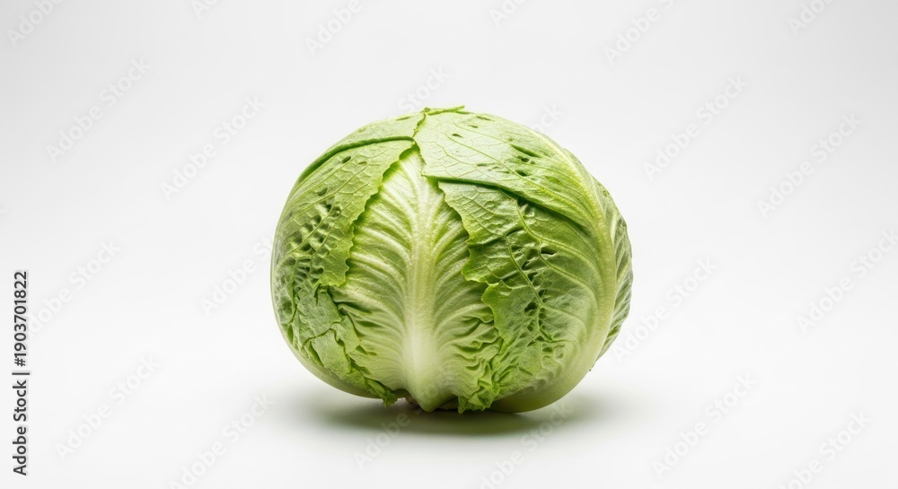 Fototapeta premium A head of crisp, green lettuce sits centered against a clean white backdrop