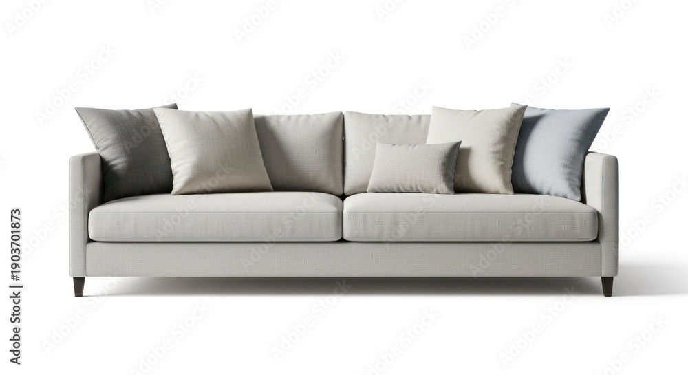 Fototapeta premium A modern, light-colored sofa with various grey and white pillows, isolated on white