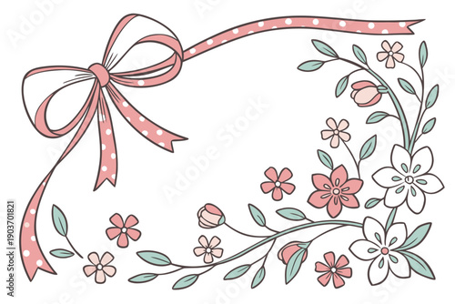 Vintage frame with bow. Coquette border with flower. Hand drawn coquettish ribbon with elegant girly elements. Retro flowers, bows, floral accessory. Vector decor set