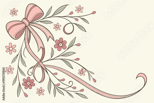 Vintage frame with bow. Coquette border with flower. Hand drawn coquettish ribbon with elegant girly elements. Retro flowers, bows, floral accessory. Vector decor set