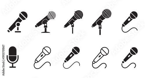 Minimal Microphone Icon Set in Black Silhouette for Podcast, . vector illustration eps 10