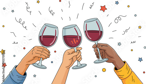 PriDiverse group of people clinking red wine glasses in a festive toast with colorful confetti and stars, celebrating friendship, success, and special holiday events.nt