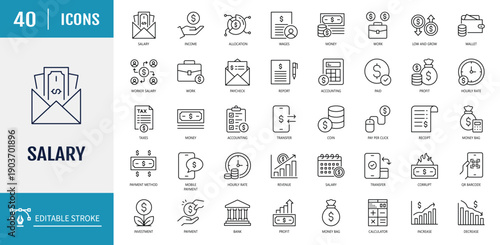 Salary icon set. Includes taxes, accounting, cash, and more. Outline Icon Set. Vector illustration with Editable stroke