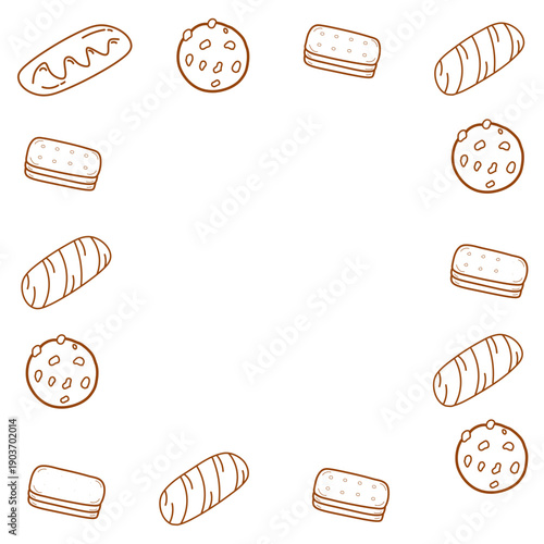 Set of hand drawn cookies, Doodle line hand drawn of cookies. Set of various cracker and biscuits for food theme, hand drawn various biscuit. Food frame cookies.