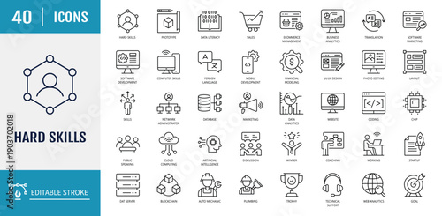 Hard skills icon set. Includes degree certificates, foreign language, software, computer skill and more. Outline Icon Set. Vector Illustration with Editable Strokes 