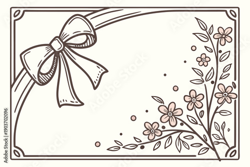 Vintage frame with bow. Coquette border with flower. Hand drawn coquettish ribbon with elegant girly elements. Retro flowers, bows, floral accessory. Vector decor set