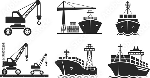 Logistics and maritime shipping icon set featuring cargo ships, container vessels, industrial port cranes, and heavy machinery silhouettes for global trade and freight transportation designs.