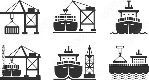 Logistics and maritime shipping icon set featuring cargo ships, container vessels, industrial port cranes, and heavy machinery silhouettes for global trade and freight transportation designs.