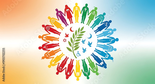 A vibrant illustration of diverse people holding hands in a circle around a leafy green plant with birds and insects on a colorful gradient background symbolizing unity and harmony gender equality