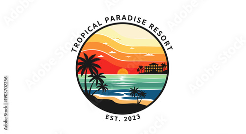Tropical Paradise Resort Logo with Sunset Beach Scene.