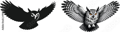 Majestic flying owl vector set featuring a solid black silhouette and a detailed feathered predator illustration with orange eyes for logos, tattoos, and mascots.