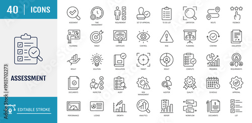 Assesment icon set. Includes Audit, analysis, plan, evaluation, result, goal and more. Outline Icon Set. Vector illustration with Editable stroke