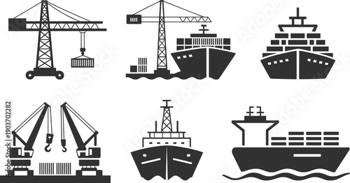 Logistics and maritime shipping icon set featuring cargo ships, container vessels, industrial port cranes, and heavy machinery silhouettes for global trade and freight transportation.