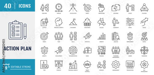 Action plan icon set. Includes Business, strategy, startup, steps, target and more. Outline Icon Set. Vector illustration with Editable stroke