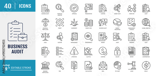Business Audit icon set. Includes inspecting, control, finance, and more. Outline Icon Set. Vector illustration with Editable stroke