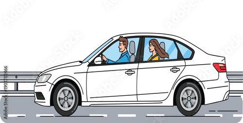 Couple driving modern white car on highway road, man at steering wheel, woman passenger, travel journey, transportation, lifestyle illustration