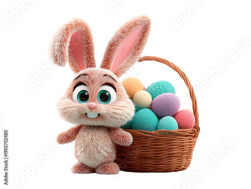 Cartoon Easter bunny stands next to a basket filled with colorful eggs in a playful scene for the holiday