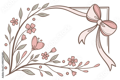 Vintage frame with bow. Coquette border with flower. Hand drawn coquettish ribbon with elegant girly elements. Retro flowers, bows, floral accessory. Vector decor set