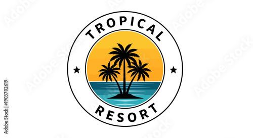 Tropical Resort Logo with Palm Trees and Ocean Sunset.