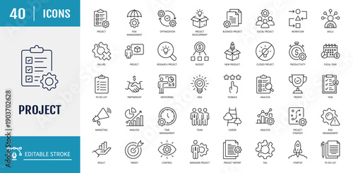 	
Project icon set. Includes project, startup, management, business. Outline Icon Set. Vector illustration with Editable stroke