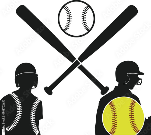 Baseball and softball silhouette graphic with bats and ball